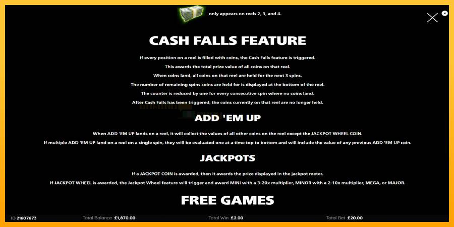 Cash Falls: Add Em Up Gold игрална машина за пари, снимка 6