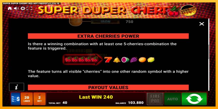 Super Duper Cherry Red Hot Firepot игрална машина за пари, снимка 5